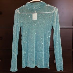 teal star mesh mock-neck long sleeve tee